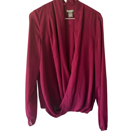 Neiman Marcus Tops - Neiman Marcus Women’s Sheer Burgundy Waterfall Wrap Top Blouse Size M